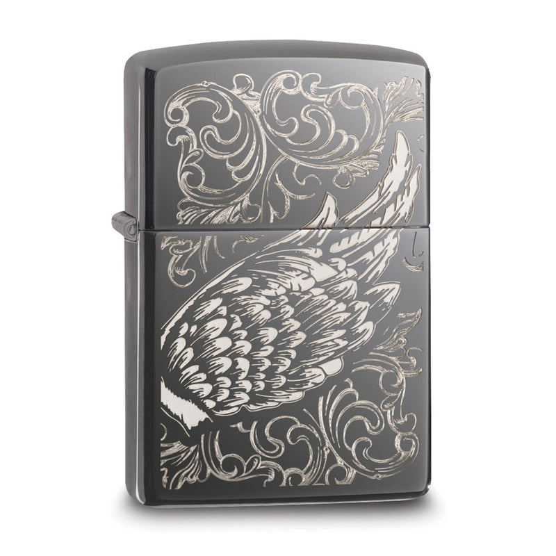 Zippo Black Ice Engraved Filigree Angel Wing Lighter