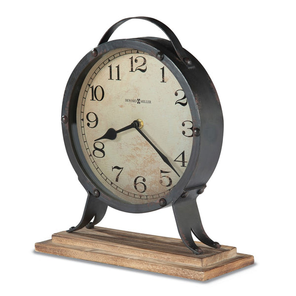 Howard Miller Gravelyn Antique Iron Finish Metal Quartz Mantel Clock with Rustic Wooden Base