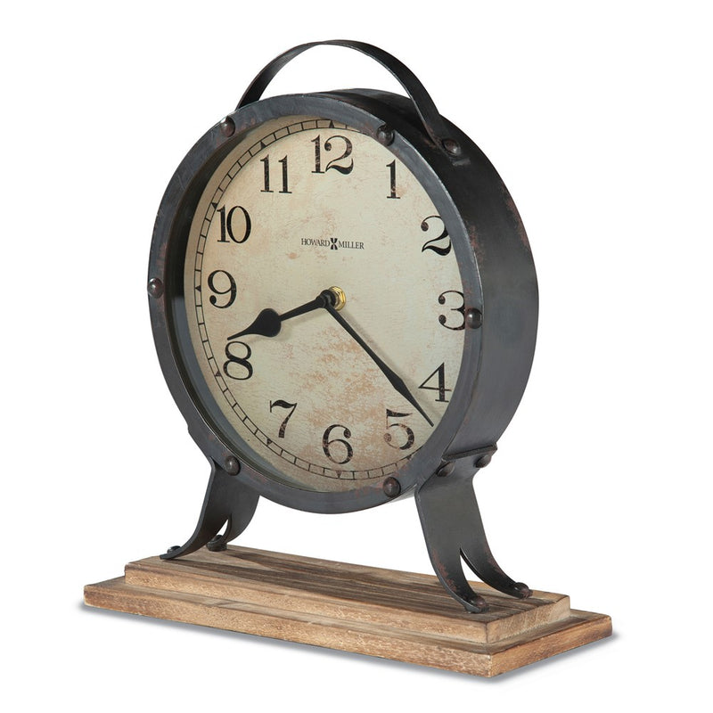 Howard Miller Gravelyn Antique Iron Finish Metal Quartz Mantel Clock with Rustic Wooden Base