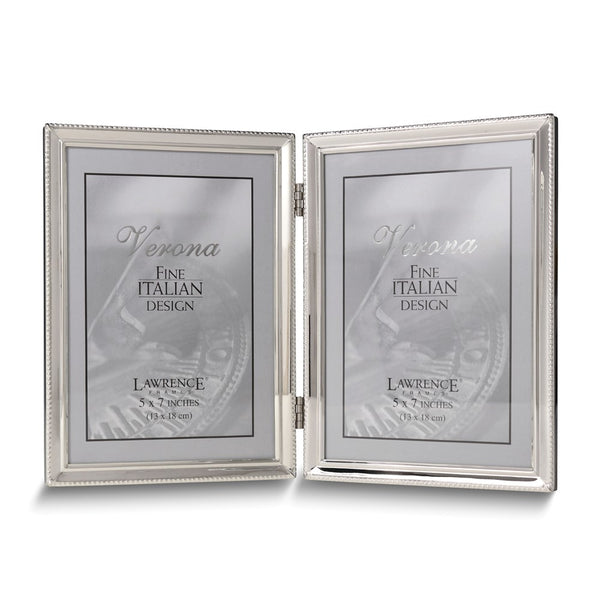Polished Silver-plated 5x7 Portrait Hinged Double Frame - Bead Border Design