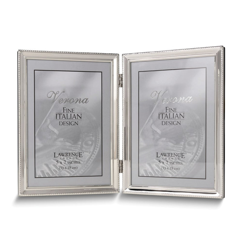 Polished Silver-plated 5x7 Portrait Hinged Double Frame - Bead Border Design