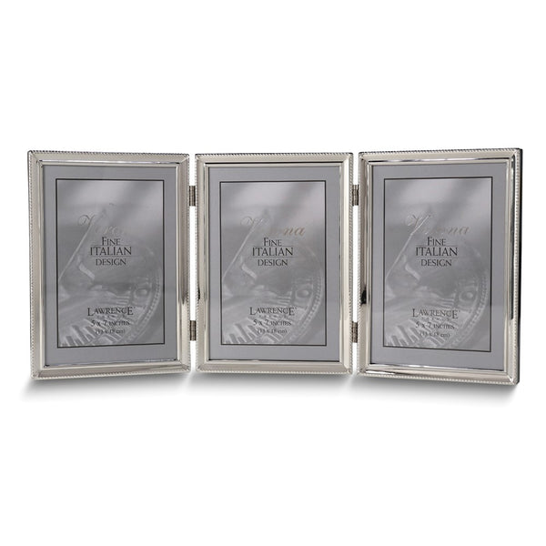 Polished Silver-plated 5x7 Portrait Hinged Triple Frame - Bead Border Design