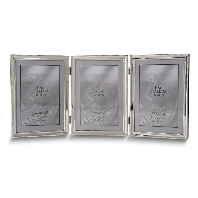 Polished Silver-plated 5x7 Portrait Hinged Triple Frame - Bead Border Design