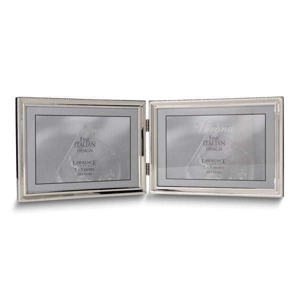 Polished Silver-plated 5x7 Landscape Hinged Double Photo Frame - Bead Border Design