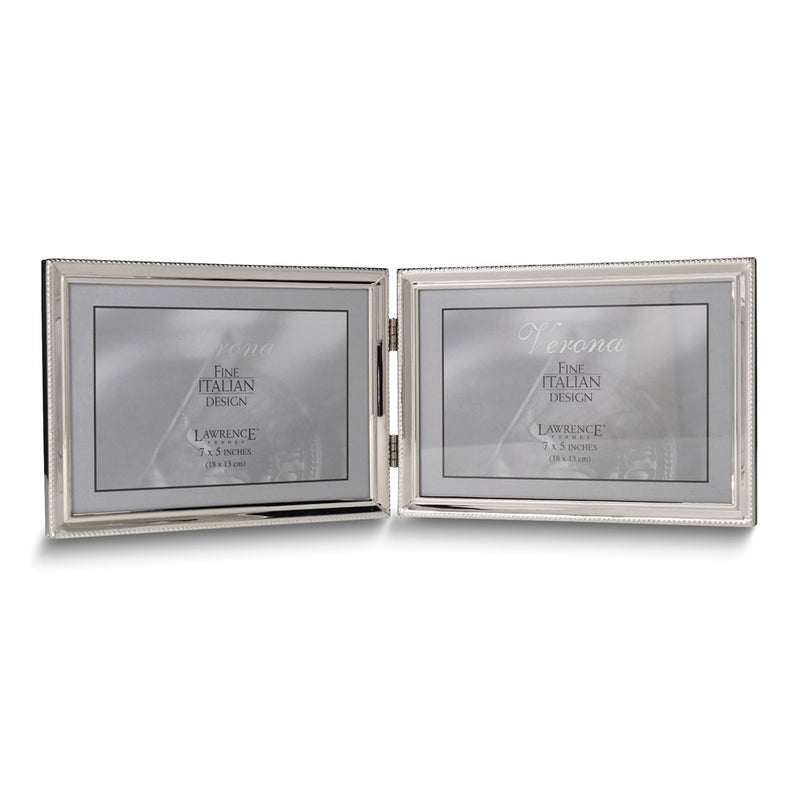 Polished Silver-plated 5x7 Landscape Hinged Double Photo Frame - Bead Border Design