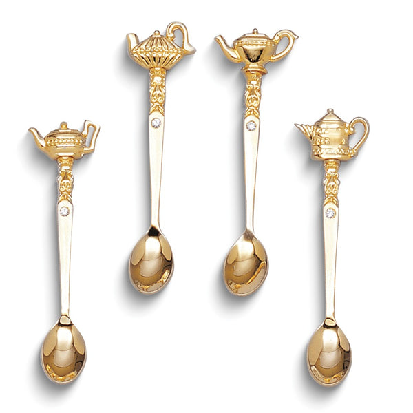 4-piece Gold-plated with Crystals Teapot Spoons Set