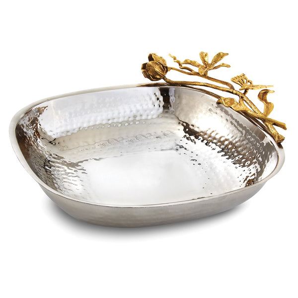 Hammered Stainless Steel with Golden Butterfly Garden Trim Large Square Bowl