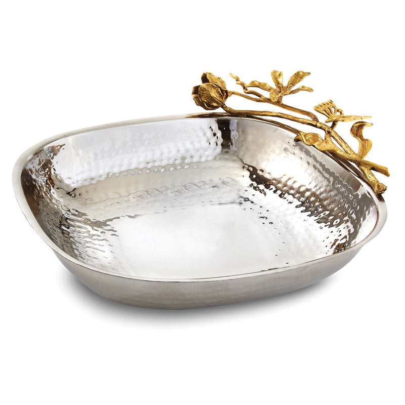 Hammered Stainless Steel with Golden Butterfly Garden Trim Large Square Bowl