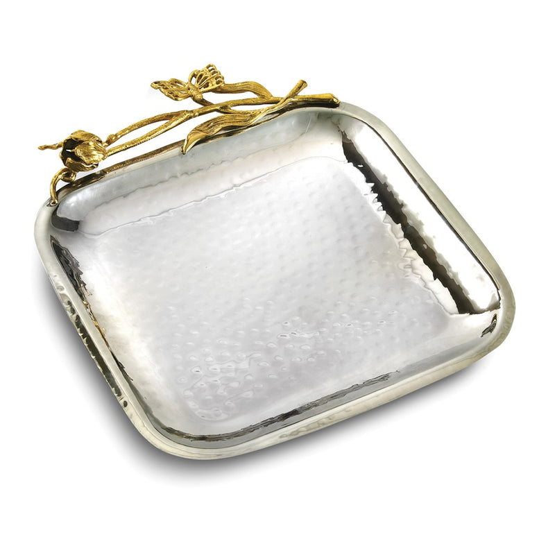Hammered Stainless Steel with Golden Butterfly Garden Trim Square 8.5 inch Tray