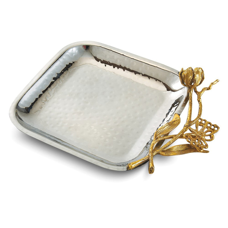 Hammered Stainless Steel with Golden Butterfly Garden Trim Square 6.5 inch Tray