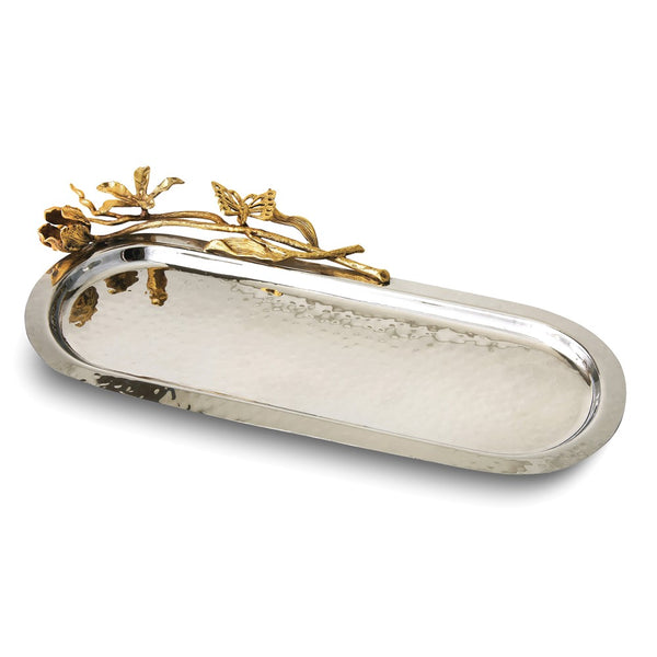 Hammered Stainless Steel with Golden Butterfly Garden Trim Oval Tray