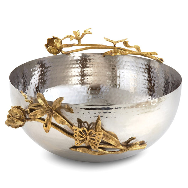 Hammered Stainless Steel with Golden Butterfly Garden Trim Centerpiece Bowl