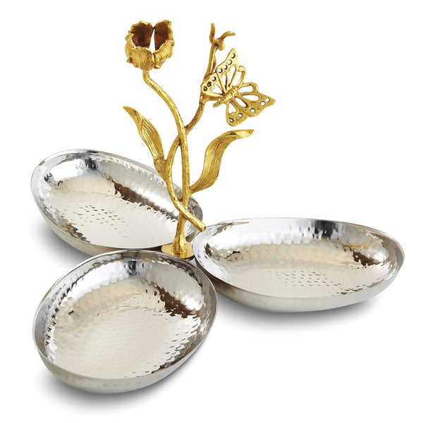 Hammered Stainless Steel with Golden Butterfly Garden Handle Triple Dish Server
