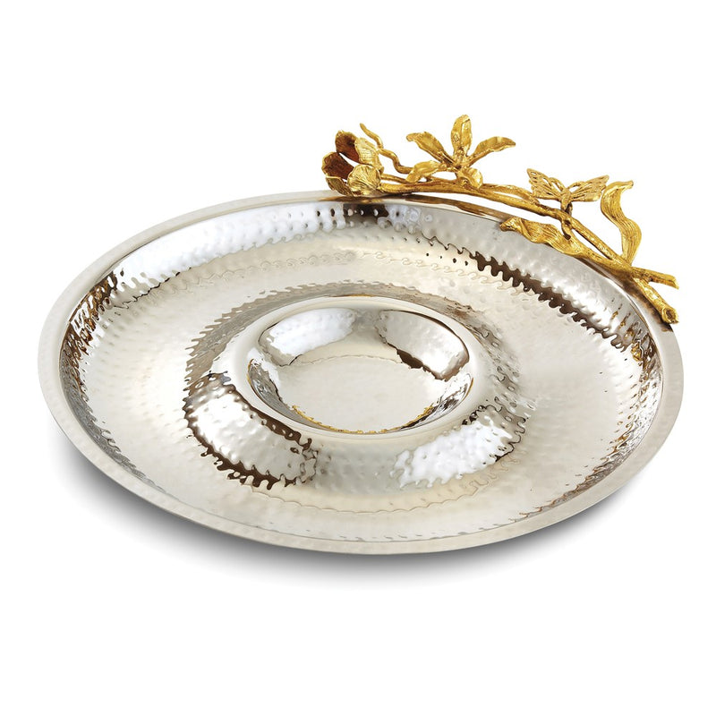 Hammered Stainless Steel with Golden Butterfly Garden Trim Serve and Dip Tray