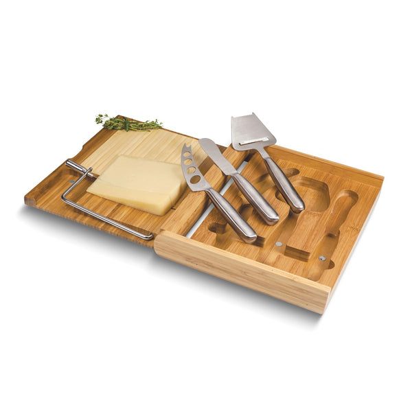 Soiree Folding Bamboo Cheese Board with Stainless Steel Tools and Cheese Wire Inside