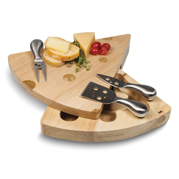 Swiss Cheese-shaped Rubberwood Serving Board with Cheese Tools Stored Inside