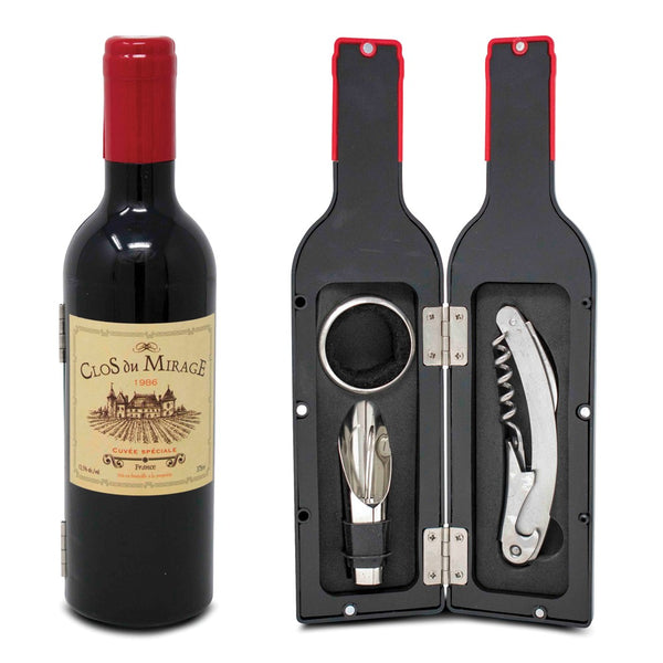 Wine Bottle-Shaped Storage Case with 3-Piece Bar Tools - Includes Waiter's Tool with Corkscrew, Wine Spout with Stopper and Drip Collar