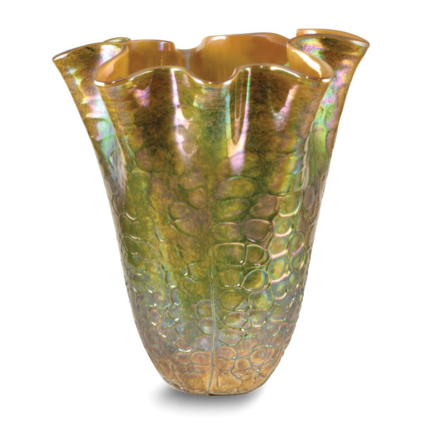 Dale Tiffany Favrile Prismatic Ruffle 10.25x11.75 Handcrafted Art Glass Vase
