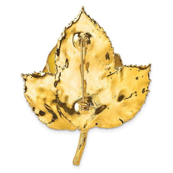 24k Gold-trim Lacquer Dipped Yellow Rose on Leaf Pin/Boutonniere