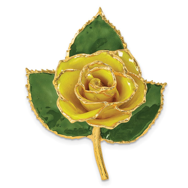 24k Gold-trim Lacquer Dipped Yellow Rose on Leaf Pin/Boutonniere