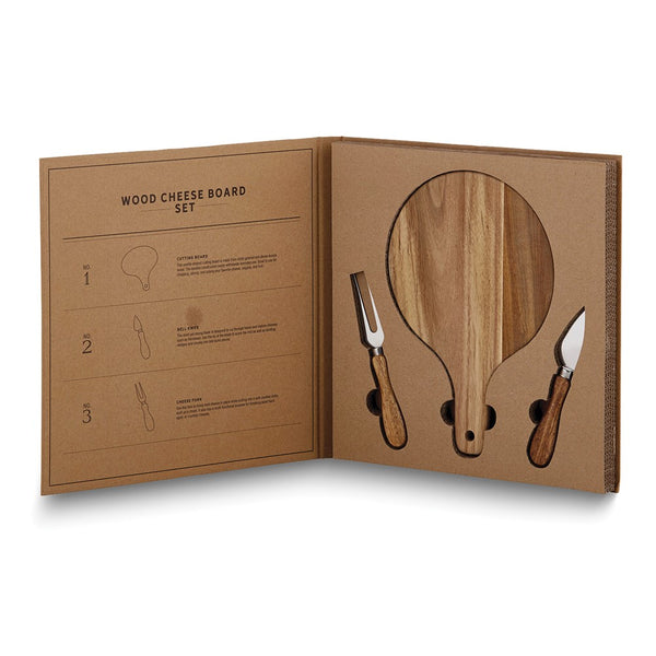 Acacia Wood Cheese Board with Rubberwood Handle Utensils Set