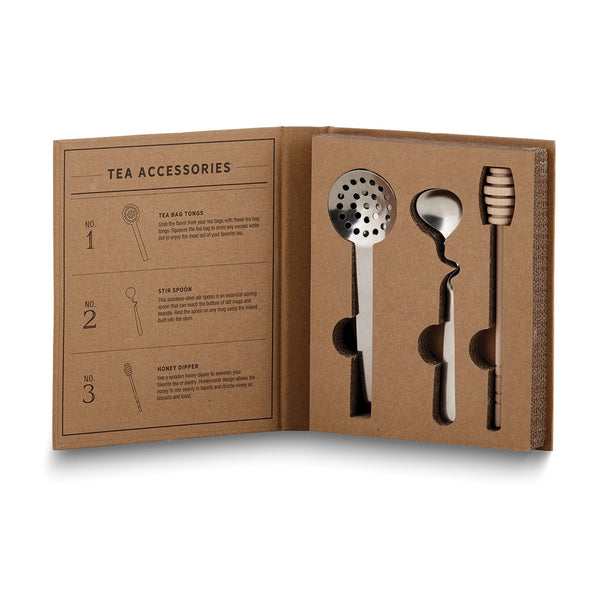 Tea Accessories Set with Metal Tea Bag Tongs, Spoon, and Rubber Wood Honey Dipper