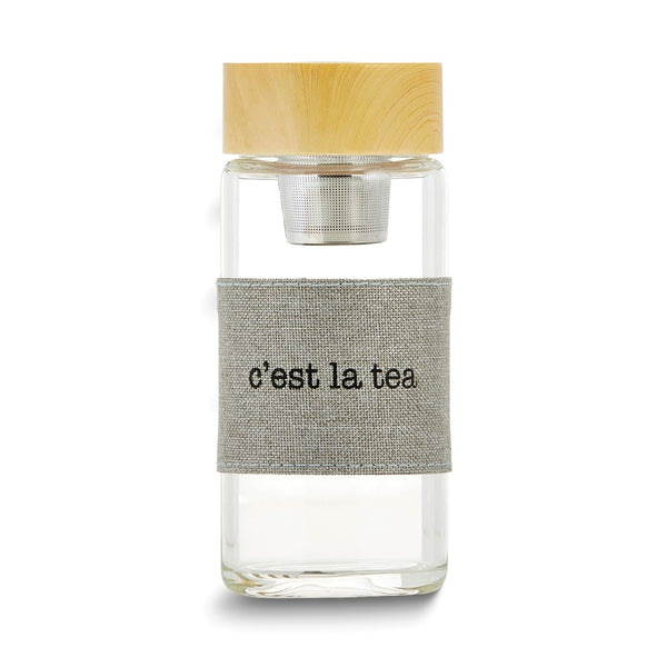 12 ounce Glass Tea Infuser Bottle with C'EST LA TEA Flax Sleeve and Removable Stainless Steel Strainer