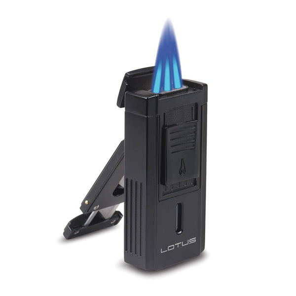 Lotus Duke-V Triple Flame Black Matte Lighter with Fold-out 60 Ring Gauge V Cigar Cutter