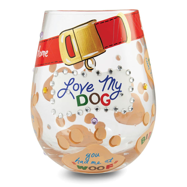 Lolita Hand-painted Love My Dog Stemless Wine Glass