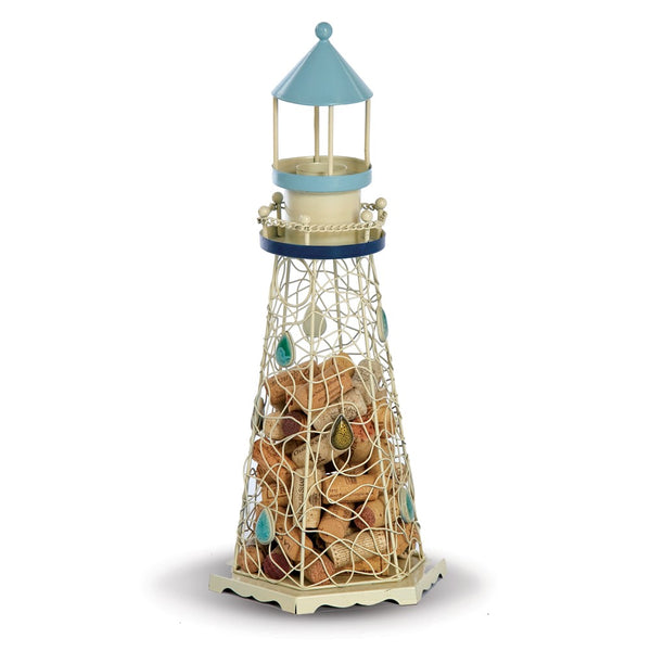 Handcrafted Ivory and Blue Finish Metal Lighthouse Cork Caddy with Beaded Jewel Accents