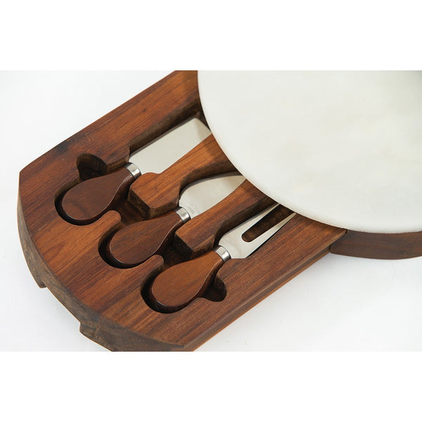 Winslow Acacia Wood and White Marble Serving Board with 3 Cheese Serving Tools Inside Drawer