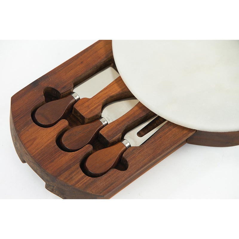 Winslow Acacia Wood and White Marble Serving Board with 3 Cheese Serving Tools Inside Drawer