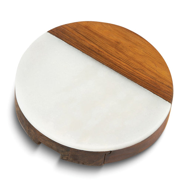 Winslow Acacia Wood and White Marble Serving Board with 3 Cheese Serving Tools Inside Drawer