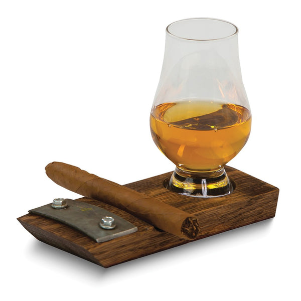 Glencairn Whiskey Glass and Wooden Cigar Coaster Made From Authentic Refurbished Whiskey Barrels