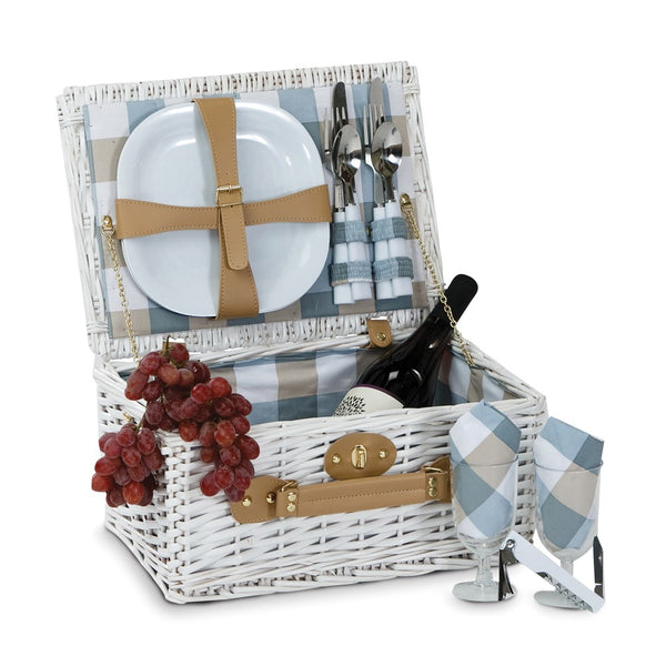 Boothbay White Handwoven Willow Picnic Basket with Service for 2