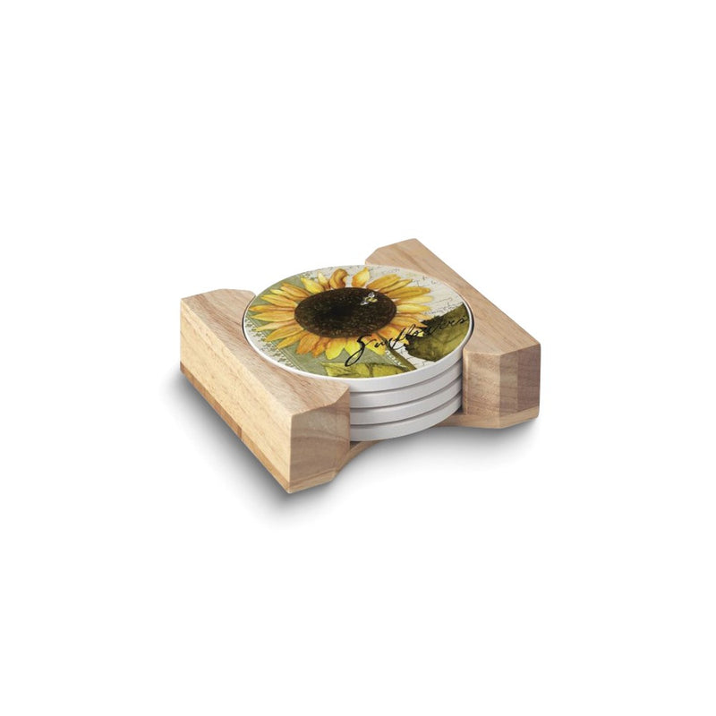 Sunflowers in Bloom Set of Four Absorbent Stone Coasters with Wooden Holder