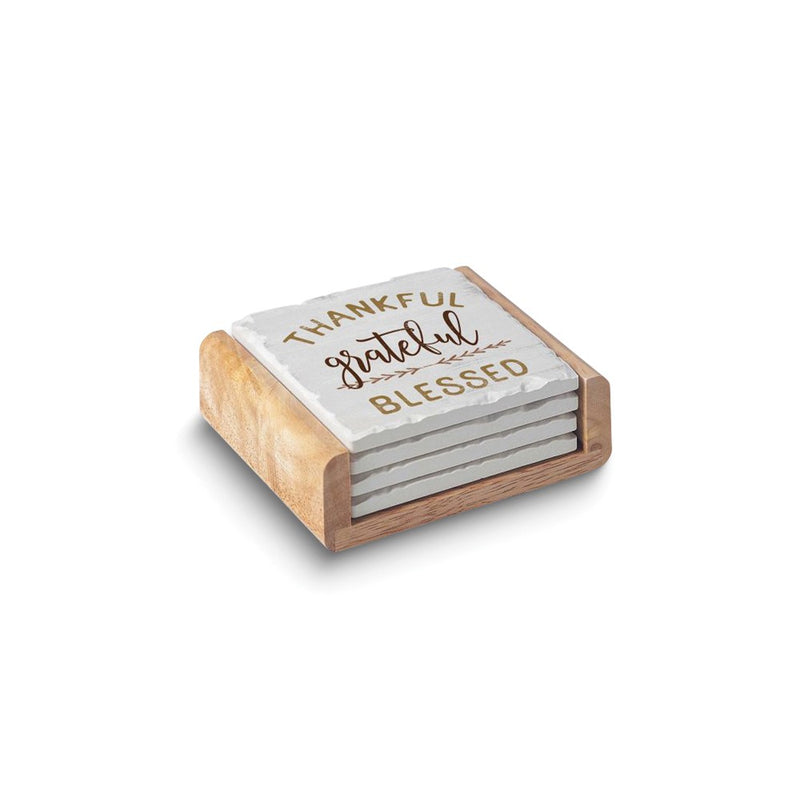 THANKFUL GRATEFUL BLESSED Set of Four Tumbled Tile Absorbent Stone Coasters with Wooden Holder