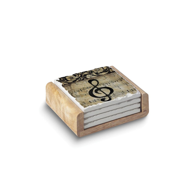 Music Staff Set of Four Absorbent Stone Coasters with Wooden Holder