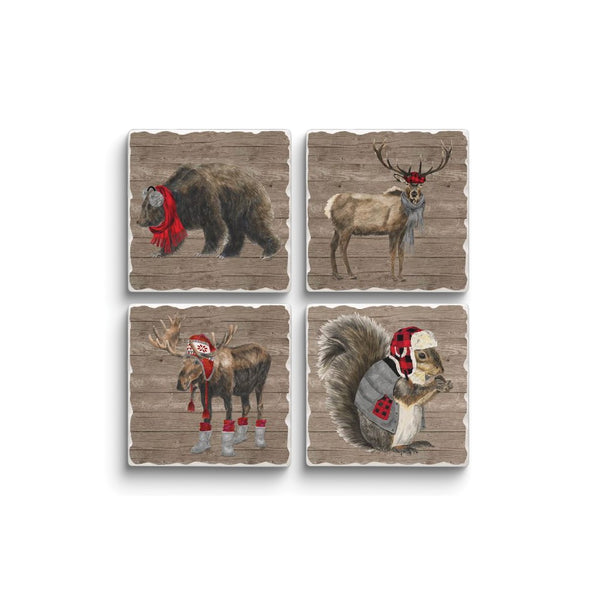 Warm In The Wilderness Set of Four Assorted Designs Tumbled Tile Absorbent Stone Coasters