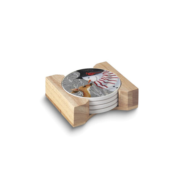 Snow Day Set of Four Absorbent Stone Coasters with Wooden Holder