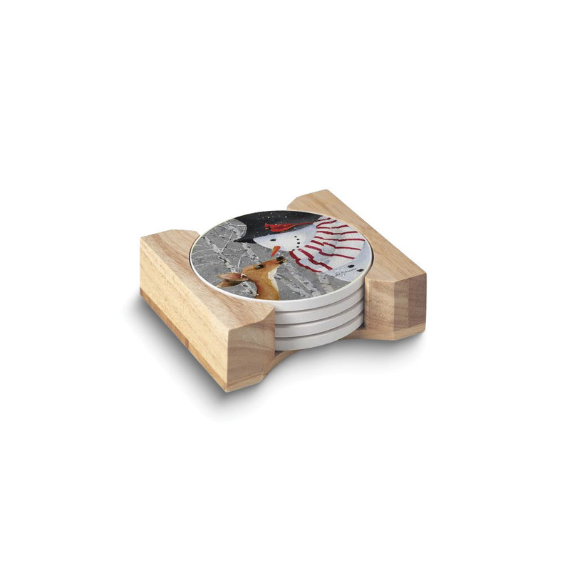 Snow Day Set of Four Absorbent Stone Coasters with Wooden Holder
