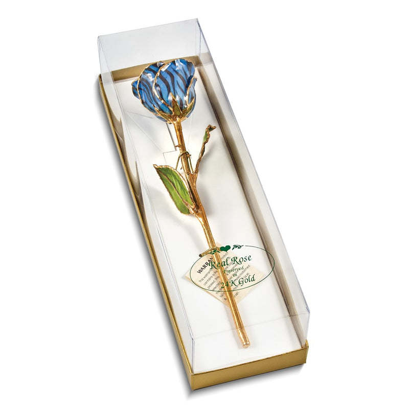 Lacquer Dipped Gold Trimmed Black and Blue Zebra Real Rose