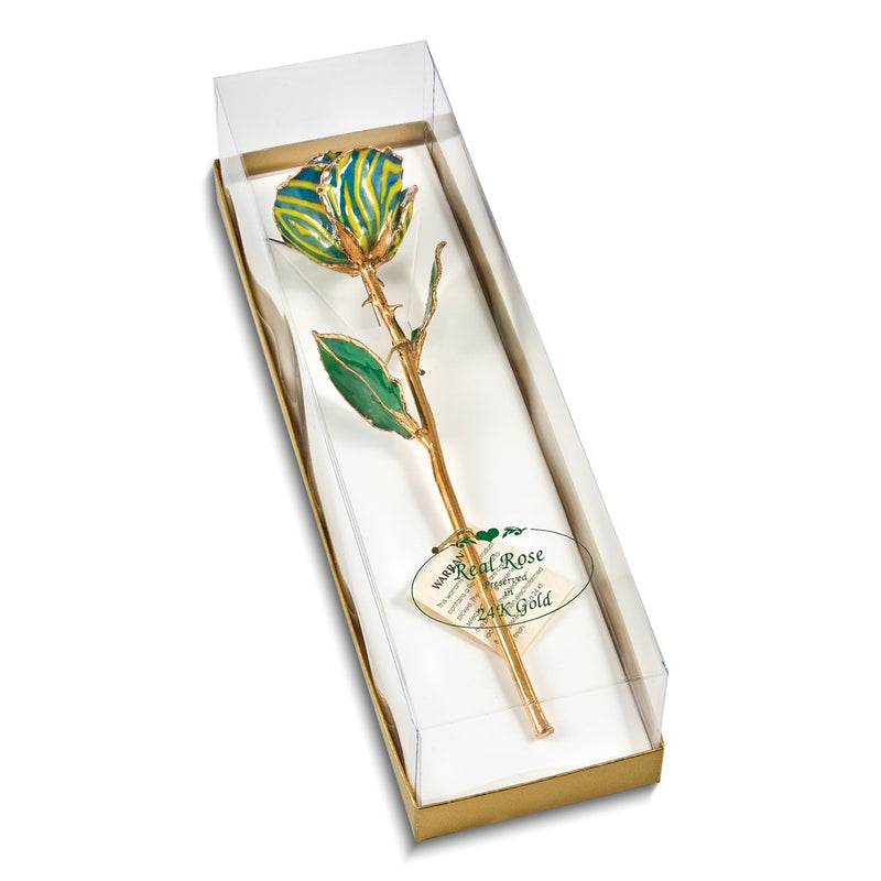 Lacquer Dipped Gold Trimmed Yellow and Blue Zebra Real Rose