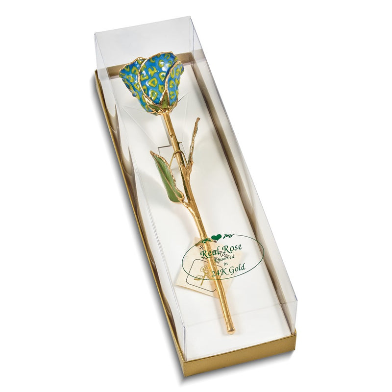Lacquer Dipped Gold Trimmed Yellow and Blue Leopard Real Rose