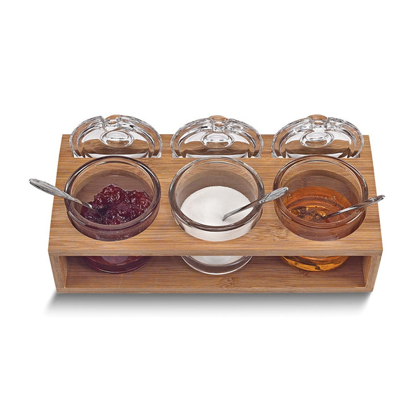 Badash 10-piece Glass Condiment Jars with Spoons and Wooden Stand