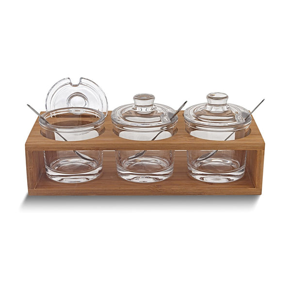 Badash 10-piece Glass Condiment Jars with Spoons and Wooden Stand