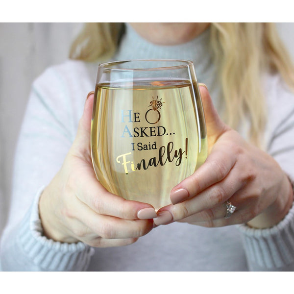 Lillian Rose HE ASKED.I SAID FINALLY! Stemless Wine Glass