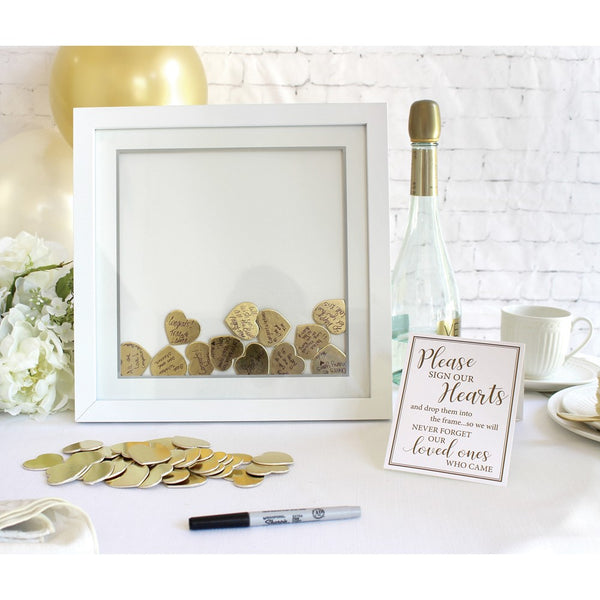 Lillian Rose White Guest Book Alternative Shadow Box Frame with 48 Gold Signing Hearts
