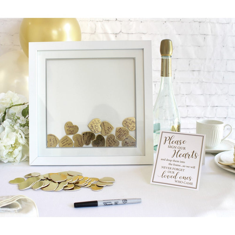 Lillian Rose White Guest Book Alternative Shadow Box Frame with 48 Gold Signing Hearts