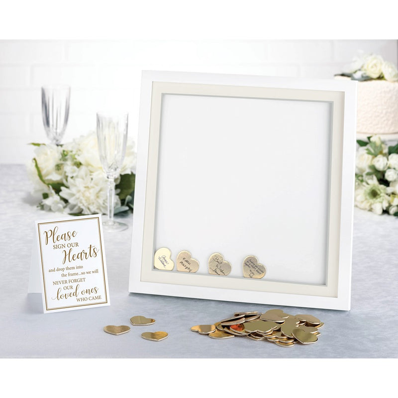 Lillian Rose White Guest Book Alternative Shadow Box Frame with 48 Gold Signing Hearts